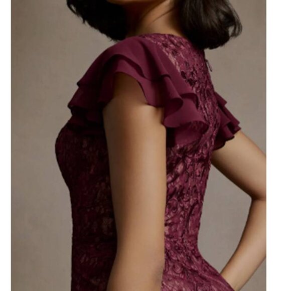 Womens Ruffle Sleeves Midi Dress Shelly Silhotte Floral Party Red Wine Size 4 - Picture 2 of 9